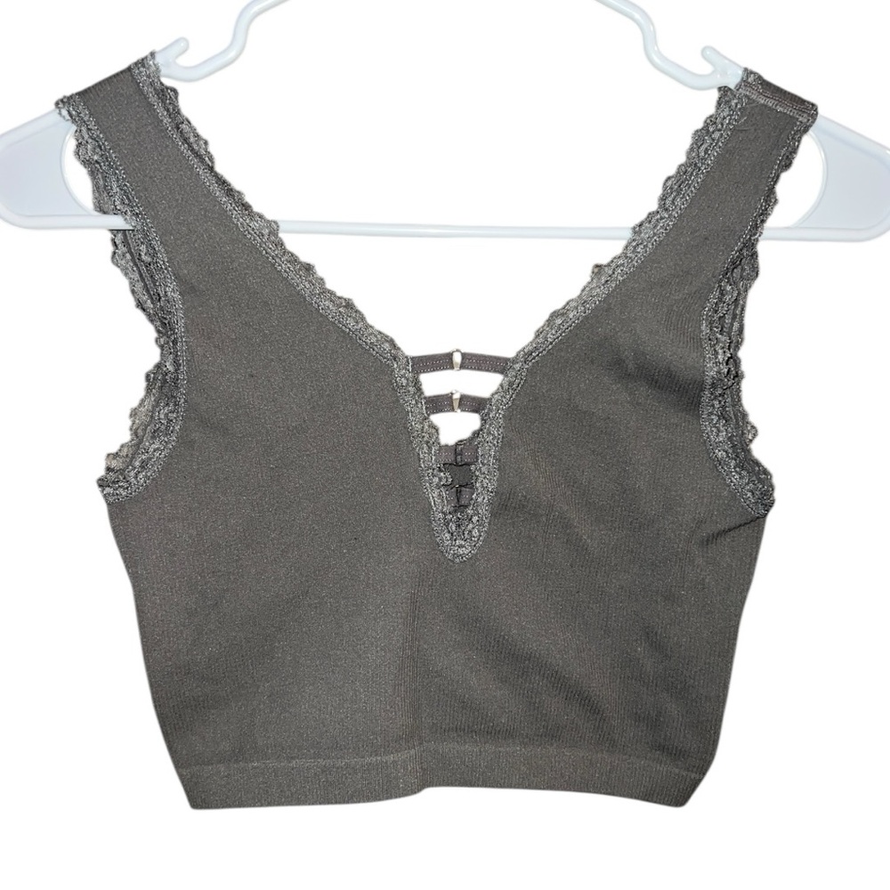 Y2K Strappy Ribbed Lace Bralette Tank-BKE Essentials- Gray- Size M/L